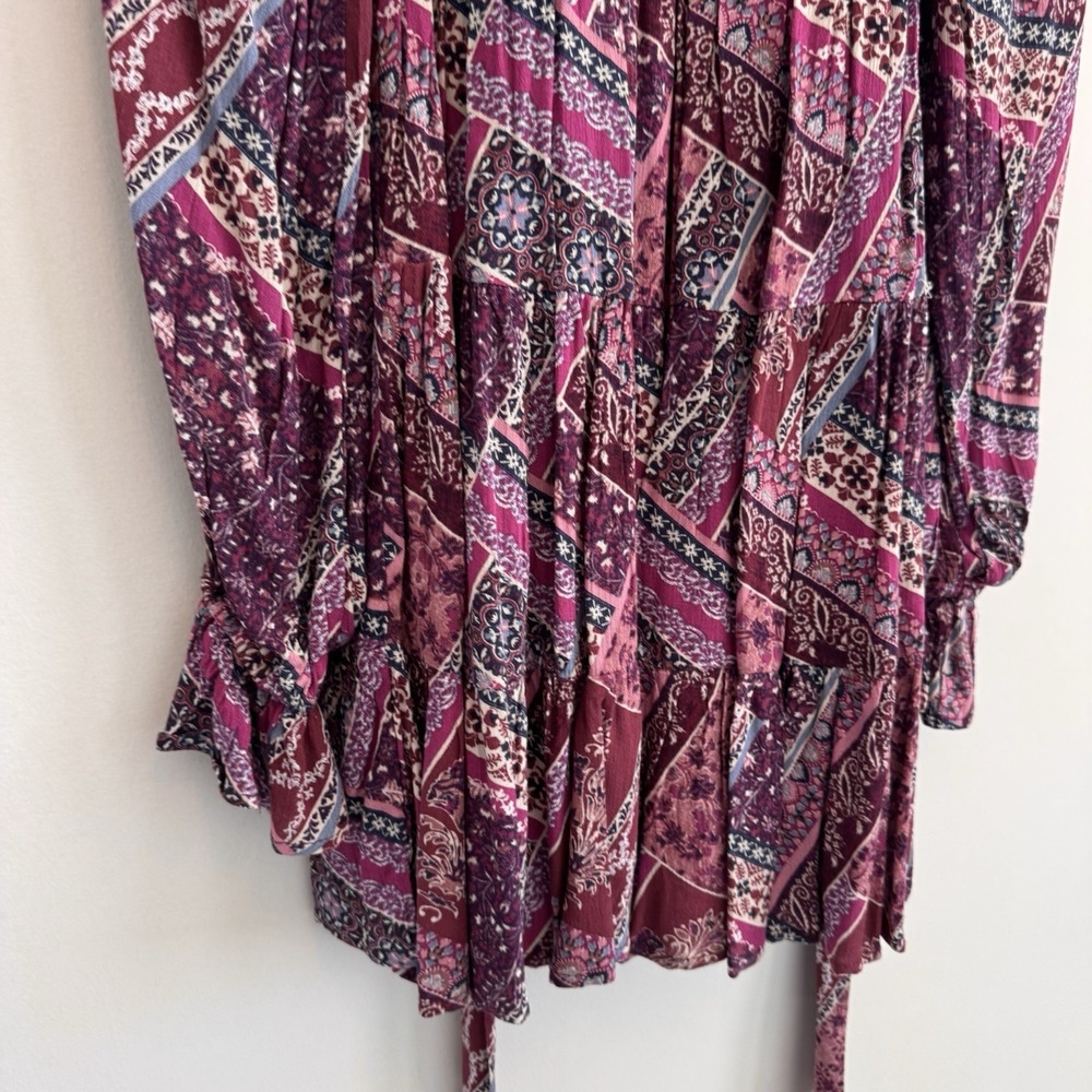 NWT Aura Shop Red Dress XS Purple Boho Patchwork Smocked Long Sleeve Mini Dress - Picture 6 of 14